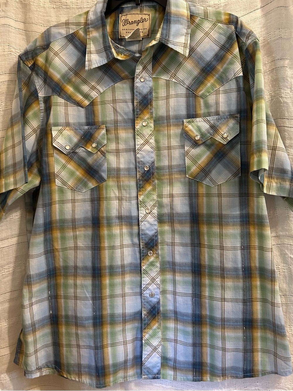 Wrangler Short-Sleeve Plaid Button-Down Shirt — Blue, Green & Yellow